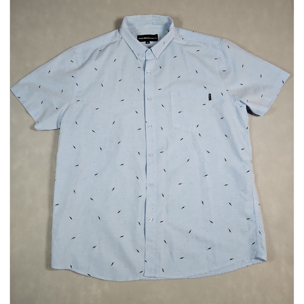 Molokai Mens Blue Shark Print Short Sleeve Button Down Shirt Size XL